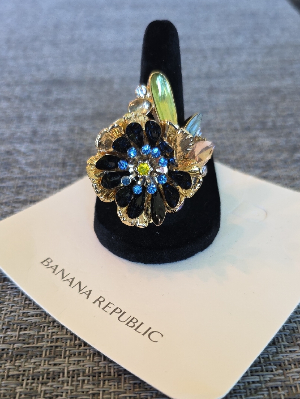 Banana Republic Black & Blue Floral Crystal Cocktail Ring